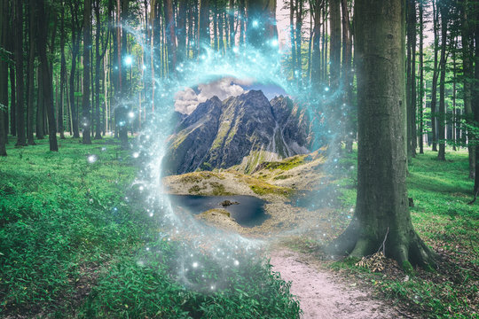 Fototapeta Magical portal between green forest and mountains
