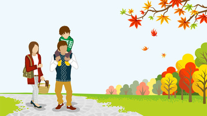 Family Walking in the Autumn nature -Piggyback