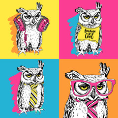 Bright Poster in the style of pop art. Owl in a headphones, t-shirt, tie, glasses. Vector illustration.