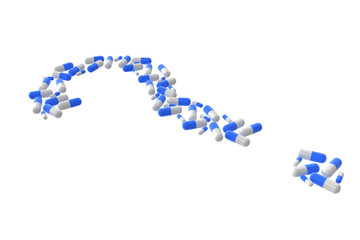 3D realistic render of question mark make from blue pills, Clipping path. Isolated on white background.