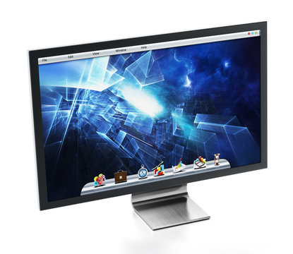 Computer monitor with blue desktop wallpaper. 3D illustration