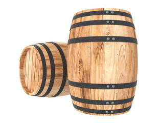 3D realistic render of two old light wood barrel. White background. Shadows. Clipping path
