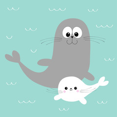 Sea lion. Harp seal pup. Cute cartoon character. Happy animal collection. Sea ocean water. Mother and baby family. Blue wave background. Flat design