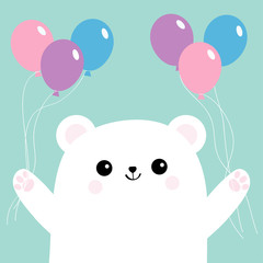 Polar white small little bear cub holding round balloon set. Cute cartoon baby character. Arctic animal collection. Flat design Blue background Isolated.