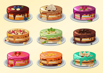 Big set of cakes in cartoon style.