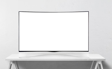 Tv mockup with blank white screen on table. Mock up, 3D Rendering