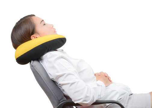 Asian Women Using Neck Pillow And Resting On Office Chair Isolated On White Background