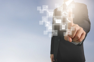 Businessman hand touching network connection