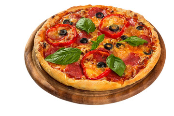 Delicious pizza served on wooden plate isolated on white