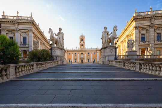 Cordonata Capitolina and Dioscuri  statues (Castor and Pollux) in the entrance to Capitoline Hill, Rome, Italy
