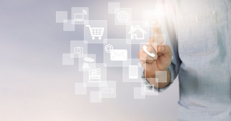 Businessman hand touching network connection