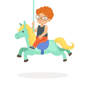 Cute little redhead boy riding on the carousel horse, kid have a fun in amusement park cartoon vector Illustration