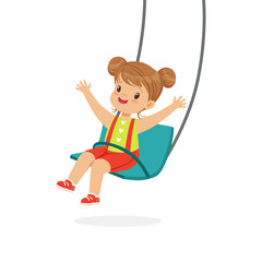 Cute little girl swinging on a swing, kid have a fun on a playground cartoon vector Illustration