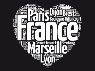 Obraz premium List of cities and towns in France composed in love sign heart shape, word cloud collage, business and travel concept background