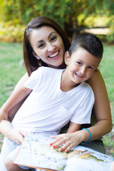 Mother and son outdoors