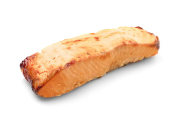 Slice of delicious fried salmon on white background