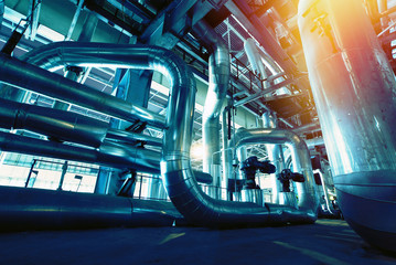Naklejka premium Industrial zone, Steel pipelines, valves and pumps