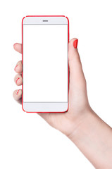 Feminine phone. Modern bezel-less smartphone with blank screen in female hand isolated on white background
