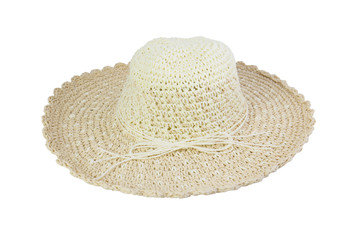 Woven beige hat decorated with rope, isolated on a white background.