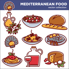 Mediterranean cuisine food dishes vector icons set for restaurant menu