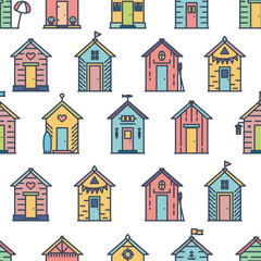 Beach hut pattern, flat line style, colored on white. Variety of designs with different decoration, bunting, surf board, fish, flower pot, life buoy, paddles, flags. Vector seamless background simple.