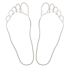 Left and right foot soles contour illustration for biomechanics, footwear, shoe concepts, medical, health, massage, spa, acupuncture centers. Realistic cartoon style contour. Vector isolated on white.