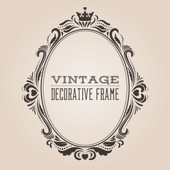 Oval vintage ornate border frame, victorian and royal baroque style decorative design. Elegant oval frame shape with crown, hearts and swirls for labels, logo and pictures. Vector illustration. - obrazy, fototapety, plakaty