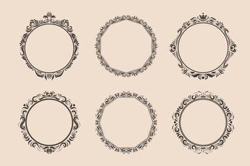Decorative round vintage frames and borders set. Victorian and baroque style design. Elegant royal-style frame shapes with swirls for labels,tags and invitations. Vector illustration.