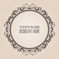 Round vintage ornate border frame, victorian and royal baroque style decorative design. Elegant frame shape with crown, hearts and swirls for labels, logo and pictures. Vector illustration.