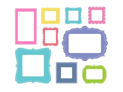 Set of cartoon picture frames organized as gallery wall. Blank colored frames isolated on white vector illustration. Balanced composition. Ready collage for photos or pictures