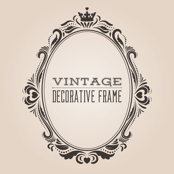 Oval vintage ornate border frame, victorian and royal baroque style decorative design. Elegant oval frame shape with crown, hearts and swirls for labels, logo and pictures. Vector illustration.