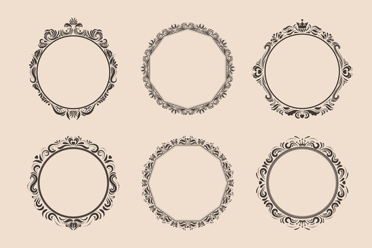 Decorative round vintage frames and borders set. Victorian and baroque style design. Elegant royal-style frame shapes with swirls for labels,tags and invitations. Vector illustration.