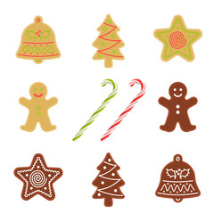 Traditional xmas cookies symbols: gingerbread man, christmas tree, star, bell and candy cane. Flat illustration of christmas winter holiday sweet baked treats. Isolated on white vector design elements