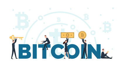 Bitcoin concept vector illustration of business people using laptop and smartphone for online funding and making investments for bitcoin and blockchain.