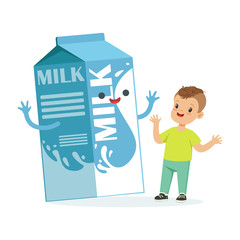 Cute happy little boy and funny milk carton box with smiling human face playing and having fun, healthy childrens food cartoon characters vector Illustration