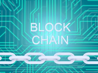 Block chain text and electrical circuit and chain on blue background. 3D illustrationn.