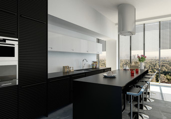 Fototapeta na wymiar Stylische moderne schwarze Küche mit Kücheninsel in Penthouse Wohnung