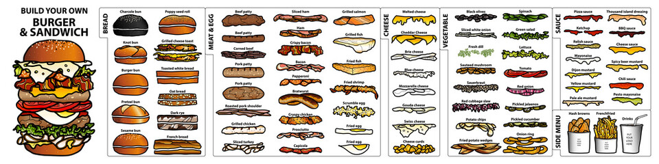 Set of isolated ingredients for build your own burger and sandwich. Cute hand drawn style in colorful and black outline on white background. - obrazy, fototapety, plakaty