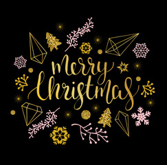 Merry Christmas greetings with calligraphic type. Hand drawn vector holiday illustration.