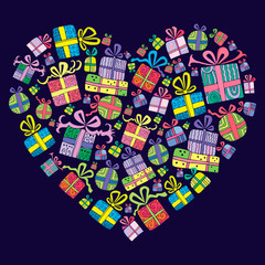 Cute hand drawn, decorative presents gift boxes combined in a shape of a heart.  Template greeting card, vector illustration. Season's Greetings for Happy Birthday, Mothers day and Valentines day.