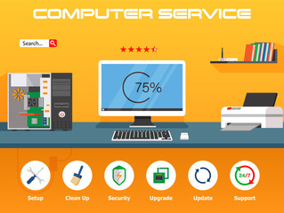 Beautiful set of colorful flat vector banner on the theme: repair a desktop computer, upgrade computer and update.