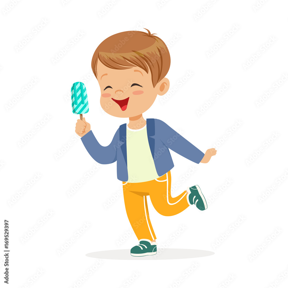 Canvas Prints Cute little boy character feeling happy with his ice cream cartoon vector Illustration