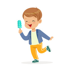 Cute little boy character feeling happy with his ice cream cartoon vector Illustration