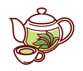 Teapot with herbal tea and cup vector isolated icon