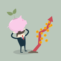 Vector growth concept in flat style happy business man stand hold pigy and green small plant and graph, Investment concept