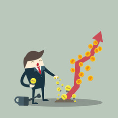 Vector growth concept in flat style happy business man watering idea lamp golden coins graph, Investment concept