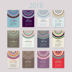 Abstract 2018 vector German calendar with circle ornament mandala. Vintage background. Ornamental circle business cards, oriental illustration. Eastern geometric pattern. Tribal card template.