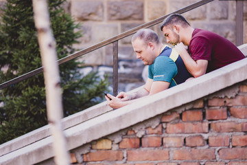 Obraz premium Cute gay couple chatting about online content on their phone