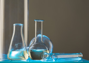 Lab glassware, science laboratory research and development concept