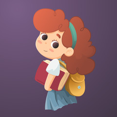 cute school kid, back to school cartoon character. hand drawn little girl with book and backpack.vector illustration of child going to school